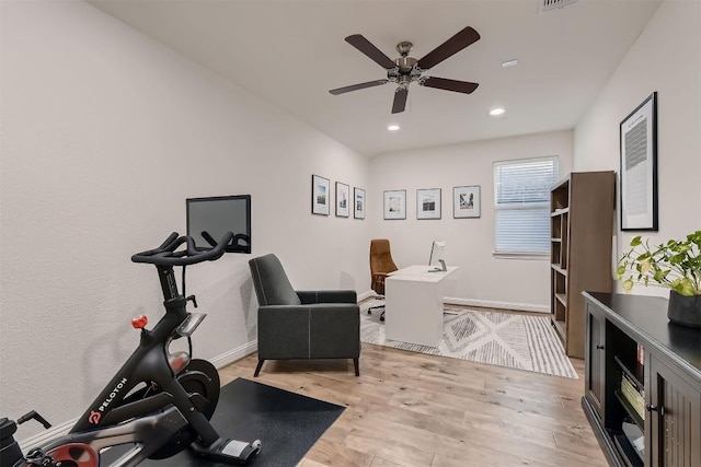 219 Baldovino Skwy, Lakeway, TX 78738 - workout room with a ceiling fan, light wood finished floors, and recessed lighting