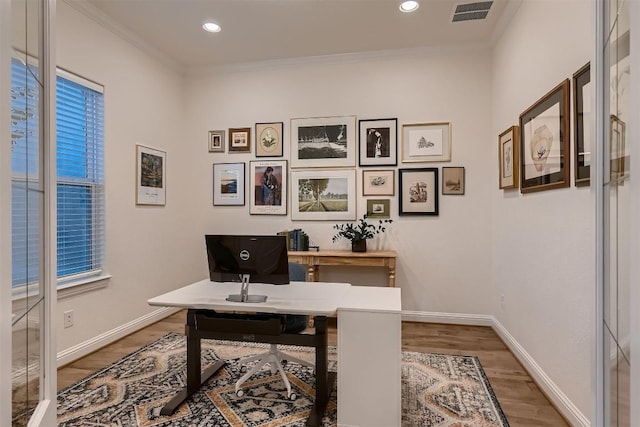 219 Baldovino Skwy, Lakeway, TX 78738 - home office featuring ornamental molding, wood finished floors, and recessed lighting