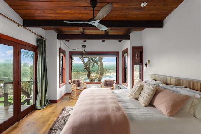 19745 Lakehurst Loop, Spicewood, TX 78669 - bedroom with access to exterior, wood ceiling with exposed beams, multiple windows, light wood-type flooring, and baseboards