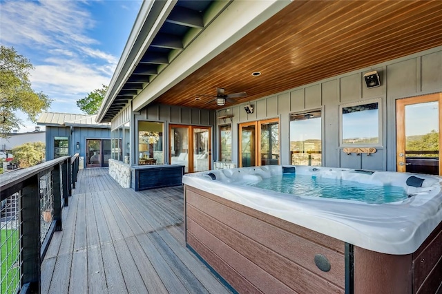 19745 Lakehurst Loop, Spicewood, TX 78669 - deck featuring a hot tub and ceiling fan