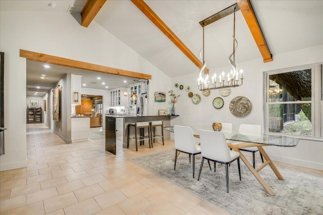 1920 River Rd, Wimberley, TX 78676 - dining room featuring high vaulted ceiling, beam ceiling, a chandelier, and baseboards