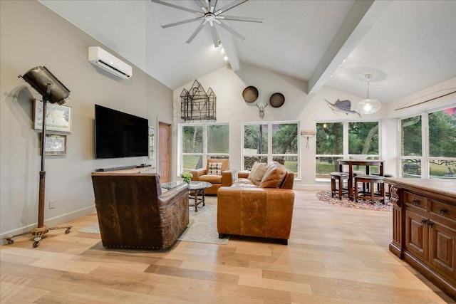 1920 River Rd, Wimberley, TX 78676 - living room featuring light wood-style flooring, an AC wall unit, beamed ceiling, ceiling fan, and high vaulted ceiling