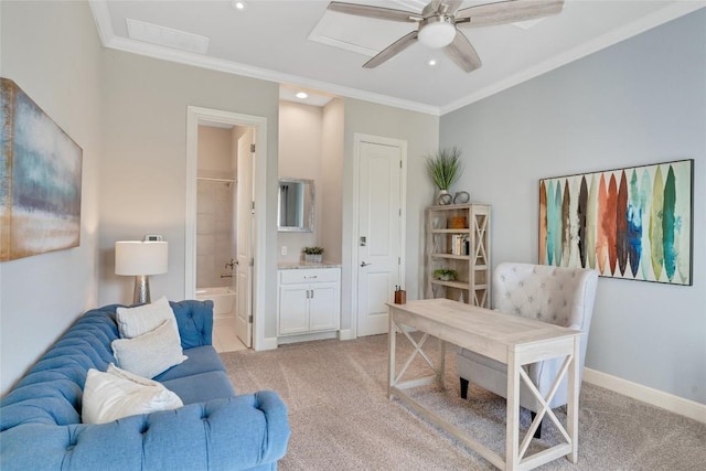 office space featuring crown molding, recessed lighting, baseboards, and light colored carpet