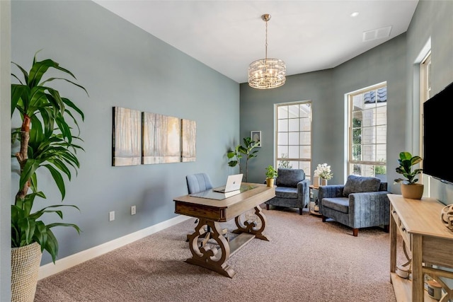 office featuring visible vents, baseboards, a chandelier, and carpet flooring