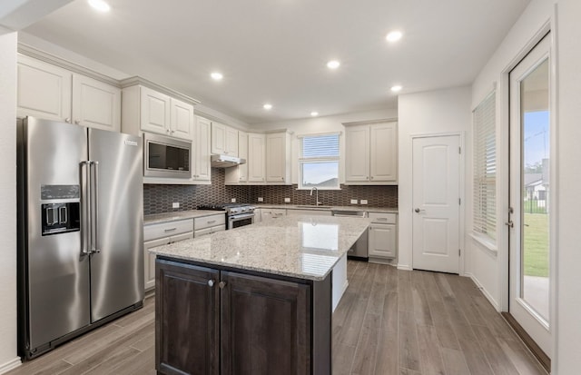 113 Crossbar St, Georgetown, TX 78633 - kitchen featuring premium appliances, light wood-style floors, a sink, decorative backsplash, and recessed lighting