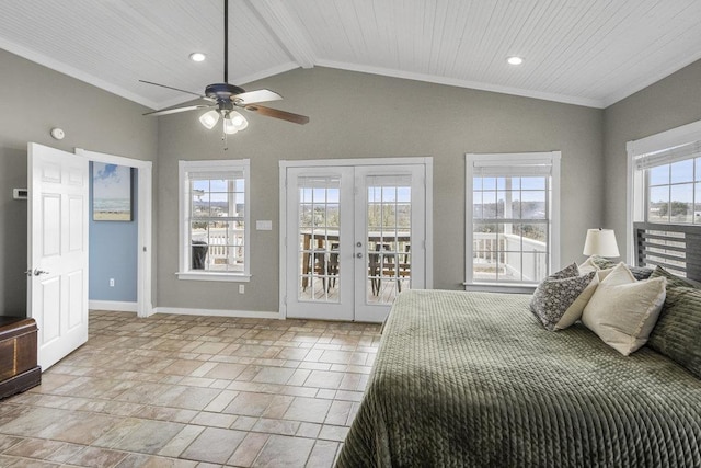 911 Sandy Mountain Dr, Sunrise Beach, TX 78643 - bedroom with french doors, access to exterior, crown molding, baseboards, and wood ceiling