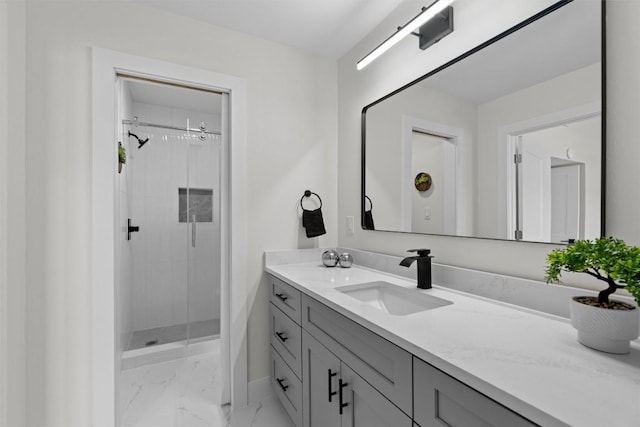 10505 Parkfield Dr, Austin, TX 78758 - bathroom featuring baseboards, a shower stall, marble finish floor, and vanity