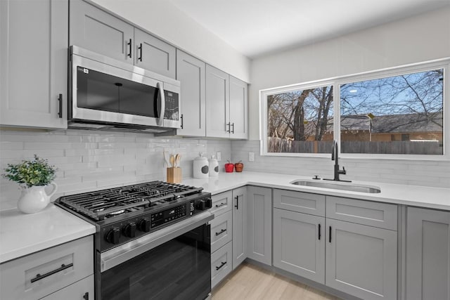 10505 Parkfield Dr, Austin, TX 78758 - kitchen with backsplash, gray cabinets, stainless steel appliances, and a sink