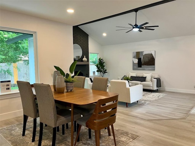 10505 Parkfield Dr, Austin, TX 78758 - dining space featuring light wood-style floors, ceiling fan, baseboards, lofted ceiling, and recessed lighting