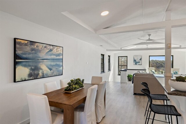 1201 Lake Shore Dr, Spicewood, TX 78669 - dining area with ceiling fan, light wood finished floors, and recessed lighting