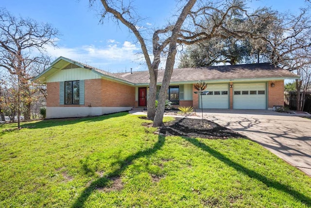 ranch-style house featuring a garage, driveway, a front lawn, and brick siding