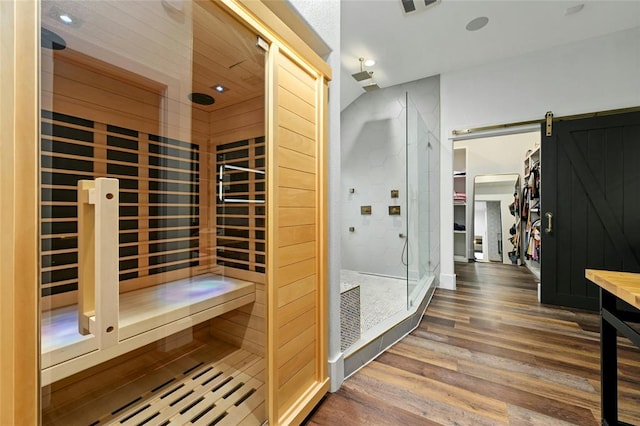 view of sauna with wood finished floors