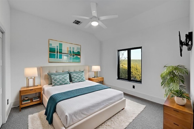 bedroom featuring dark colored carpet, lofted ceiling, visible vents, a ceiling fan, and baseboards