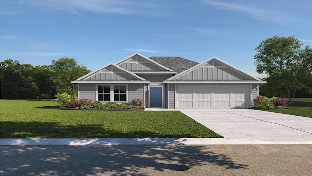 craftsman-style house with driveway, a garage, board and batten siding, and a front yard