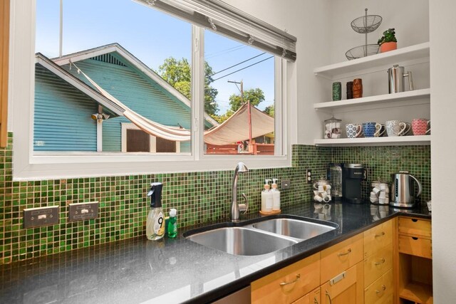 1201 Taylor St, Austin, TX 78702 - kitchen with a sink, tasteful backsplash, open shelves, and light brown cabinets