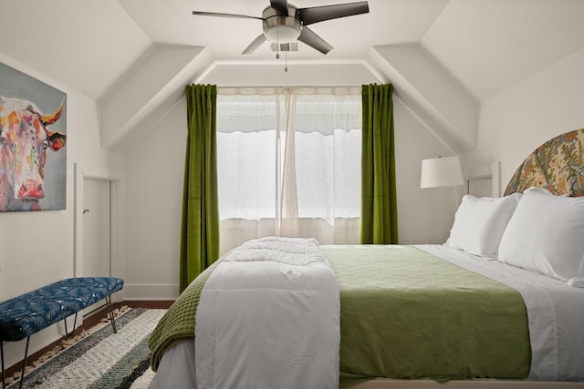 1201 Taylor St, Austin, TX 78702 - bedroom featuring ceiling fan, vaulted ceiling, and baseboards