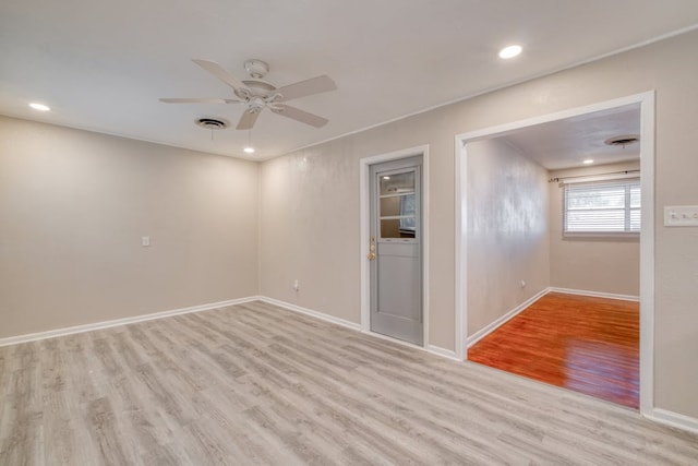 unfurnished room with light wood-style flooring, baseboards, a ceiling fan, and recessed lighting