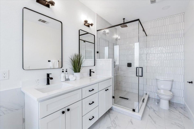 bathroom with marble finish floor, a stall shower, a sink, and visible vents