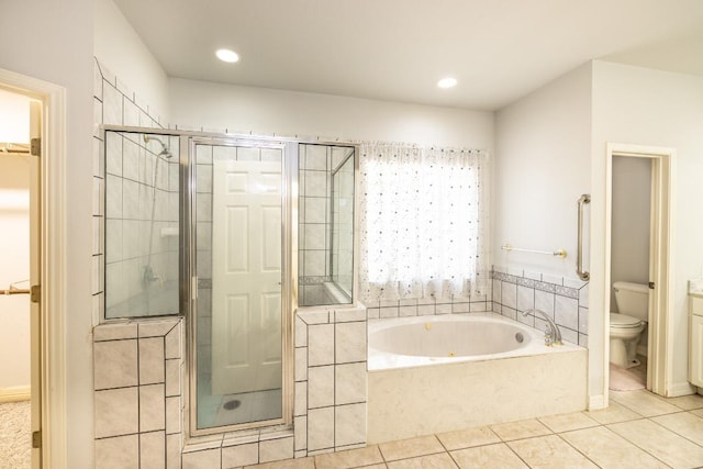 bathroom with a bath, tile patterned flooring, toilet, and a shower stall