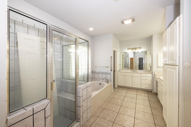 full bath featuring visible vents, a garden tub, tile patterned flooring, vanity, and a shower stall