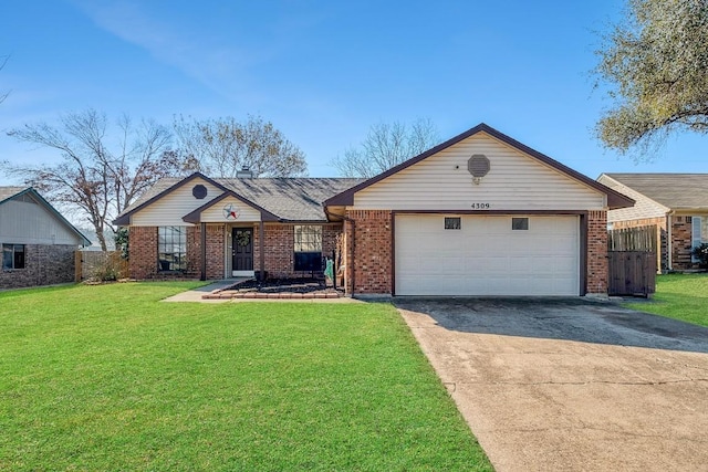 single story home with brick siding, concrete driveway, an attached garage, fence, and a front lawn