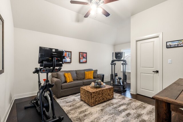 3804 Venezia Vw, Leander, TX 78641 - workout area featuring ceiling fan, vaulted ceiling, and dark wood-type flooring