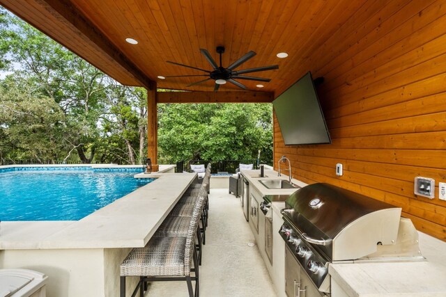 3804 Venezia Vw, Leander, TX 78641 - view of patio featuring area for grilling, a ceiling fan, view of wooded area, and an outdoor pool