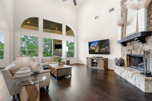 3804 Venezia Vw, Leander, TX 78641 - living room featuring a towering ceiling, wood-type flooring, ceiling fan, and a stone fireplace