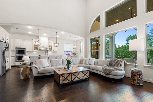 3804 Venezia Vw, Leander, TX 78641 - living area with dark wood-style floors, a high ceiling, and recessed lighting
