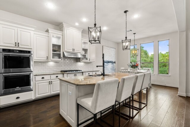 3804 Venezia Vw, Leander, TX 78641 - kitchen featuring double oven, a chandelier, under cabinet range hood, light stone countertops, and white cabinets