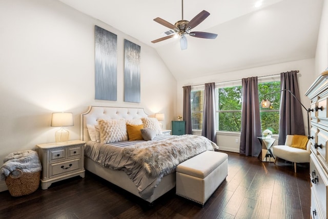 bedroom featuring a ceiling fan, lofted ceiling, dark wood-style flooring, and visible vents