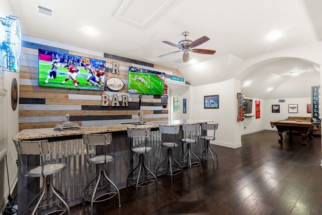 3804 Venezia Vw, Leander, TX 78641 - indoor wet bar featuring a ceiling fan, pool table, lofted ceiling, dark wood-style floors, and recessed lighting