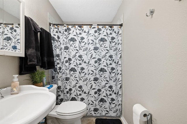 bathroom with toilet, a sink, and a textured wall