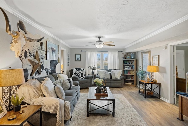 living area with a textured ceiling, light wood-type flooring, a ceiling fan, and crown molding