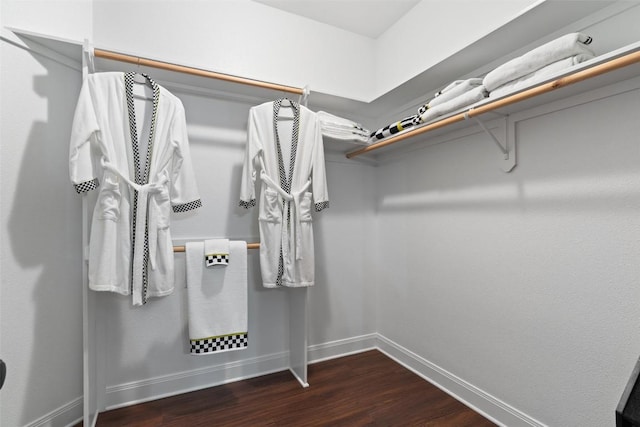 walk in closet featuring dark wood-style flooring