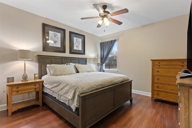 bedroom with a ceiling fan, dark wood finished floors, and baseboards