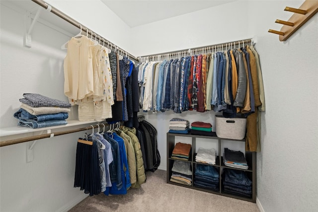 spacious closet featuring light colored carpet