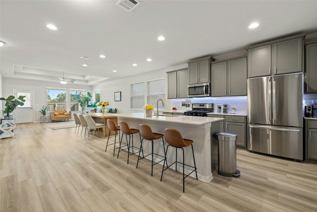 kitchen with a kitchen island with sink, visible vents, a kitchen breakfast bar, light countertops, and appliances with stainless steel finishes