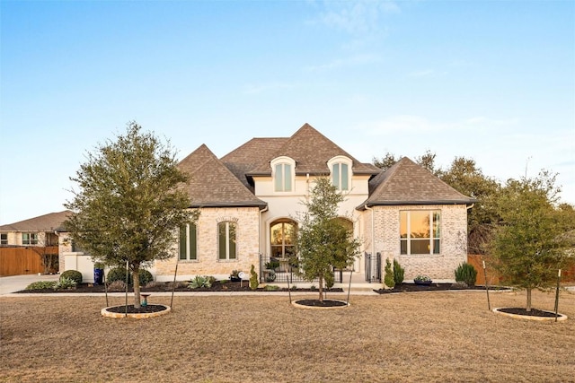 french country style house with a front yard, roof with shingles, and fence