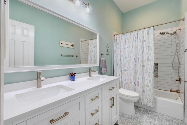 full bathroom featuring shower / tub combo, a sink, toilet, and double vanity