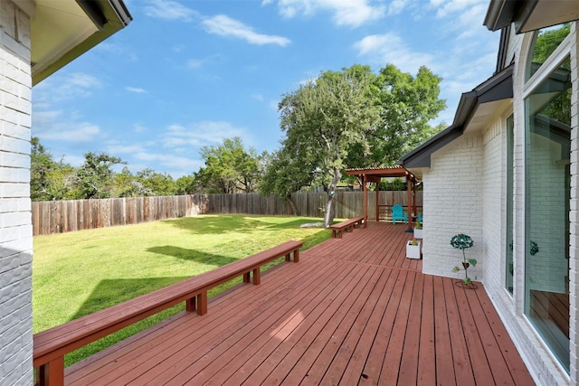 wooden deck featuring a fenced backyard and a yard