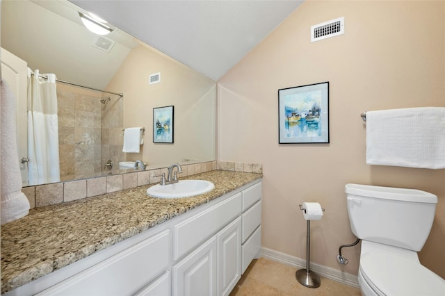 full bathroom with lofted ceiling, visible vents, vanity, and toilet