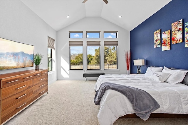 bedroom featuring high vaulted ceiling, recessed lighting, light carpet, and ceiling fan