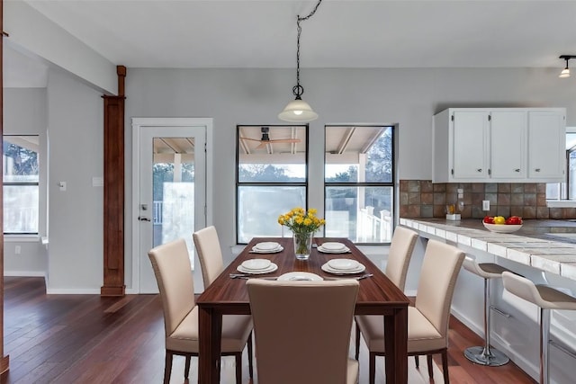 dining space featuring dark wood finished floors, plenty of natural light, and baseboards