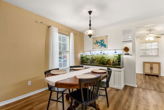 dining room with wood finished floors, a ceiling fan, and baseboards