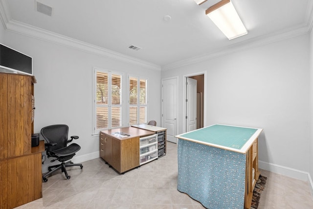 home office featuring baseboards, visible vents, and crown molding