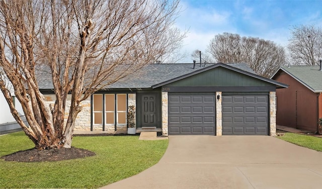 view of front of house featuring an attached garage, stone siding, a shingled roof, and driveway