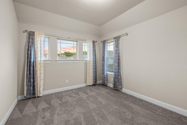 carpeted spare room featuring a textured ceiling and baseboards