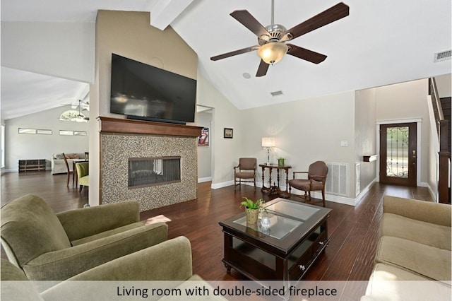 9903 Richelieu Rd, Austin, TX 78750 - living area featuring a fireplace, a ceiling fan, wood finished floors, and visible vents