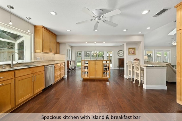 9903 Richelieu Rd, Austin, TX 78750 - kitchen featuring ceiling fan, a sink, dishwasher, dark wood finished floors, and visible vents